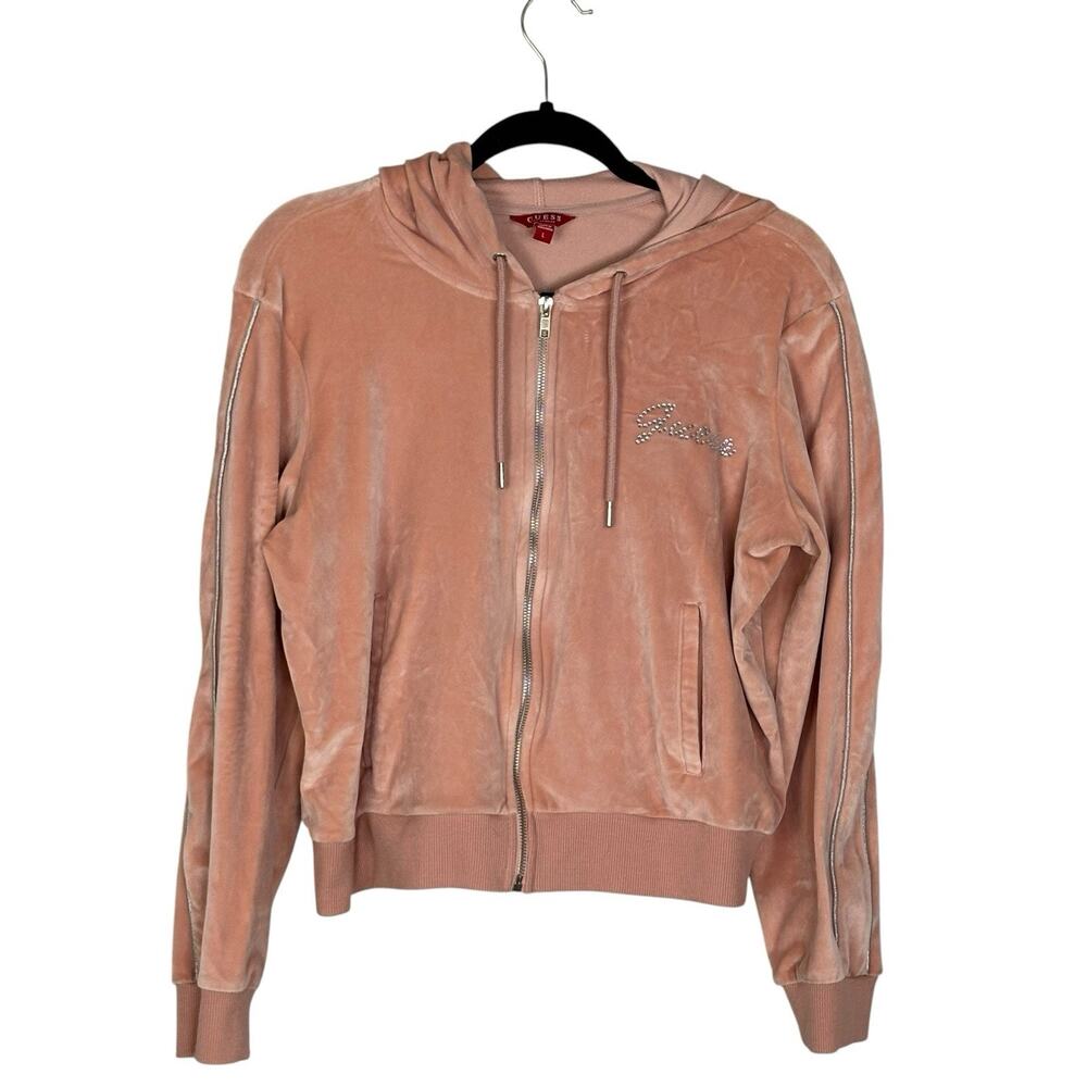 Guess Women’s Track Jacket Velour Rhinestone Logo Sporty Peach Size L